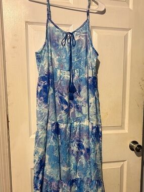LuLaRoe Carina Blue Marble Tiered Maxi Dress with Tie Neck 16-18 XL